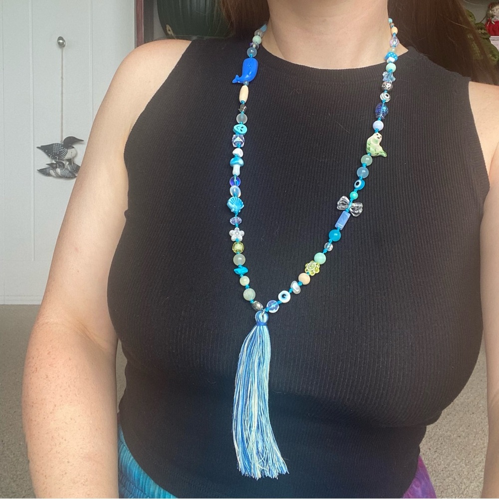 Blue Beaded Necklace with Tassel Mermaid Whale Ocean Mala Spiritual